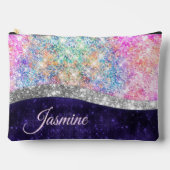 虹色パープル銀フェイクグリッターモノグラム アクセサリーポーチ (正面)