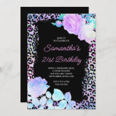 虹色ヒョウ絵を描ブラック21歳の誕生日 招待状 (正面/裏面)