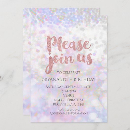 虹色ピンクスパークルグラムパーティの招待状 招待状 (正面/裏面)