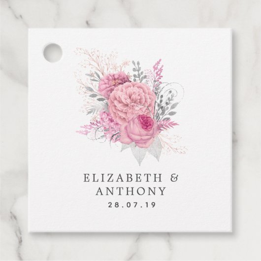 虹色ピンク、シルバー、白のフローラ結婚ズ フェイバータグ (正面)