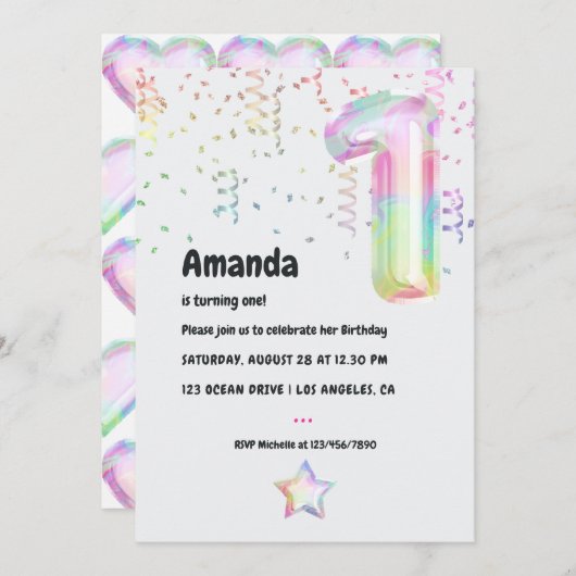 虹色フェイクバルーン1st誕生日招待状 招待状 (正面/裏面)