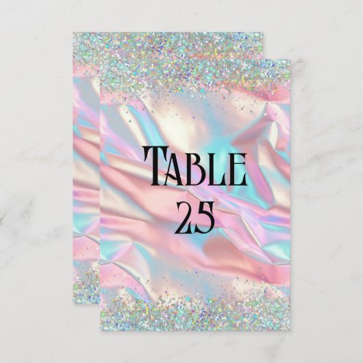 虹色フェイク箔とグリッター結婚のテーブル番号 招待状 (正面/裏面)