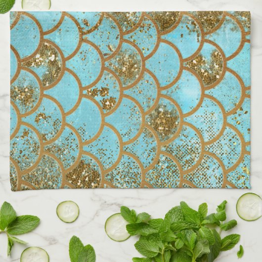 虹色ブルー金ゴールドグリッターマーメイドフィッシュはかりで測 キッチンタオル (折り畳み)