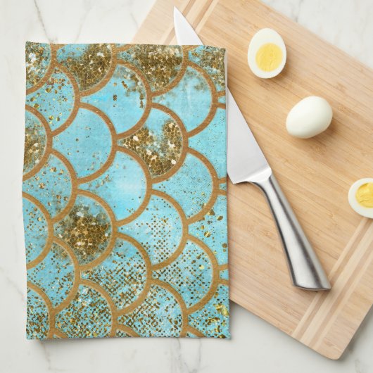 虹色ブルー金ゴールドグリッターマーメイドフィッシュはかりで測 キッチンタオル (四つ折り)