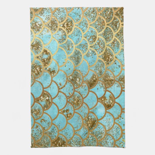 虹色ブルー金ゴールドグリッターマーメイドフィッシュはかりで測 キッチンタオル (縦)