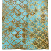 虹色ブルー金ゴールドグリッターマーメイドフィッシュはかりで測 シャワーカーテン (正面)