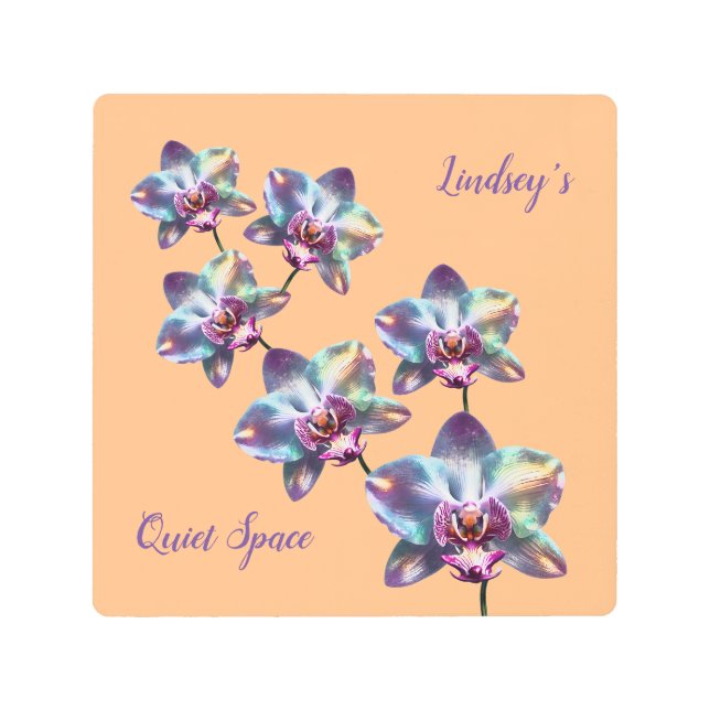 虹色ホログラフィックオーキッド開花 メタルプリント (正面)