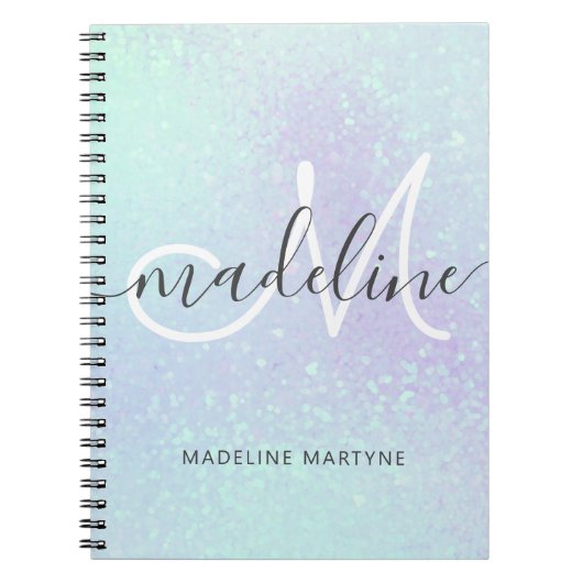 虹色ホログラフィフェイクックグリッターモノグラム ノートブック (正面)