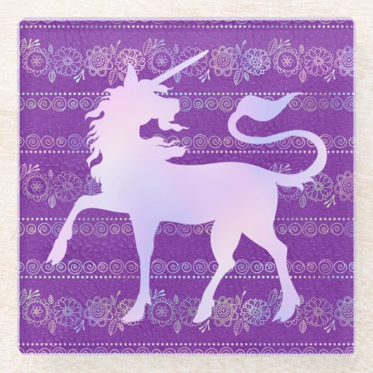 虹色ボヘミアンパターン&ユニコーンシルエット ガラスコースター (正面)
