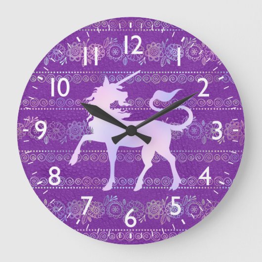 虹色ボヘミアンパターン&ユニコーンシルエット ラージ壁時計 (正面)