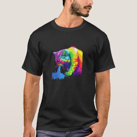 虹色ポップな猫の吐き出し Tシャツ (正面)