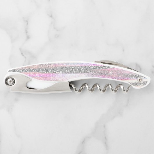虹色モダンとシルバーのグリッターストロークストライプ ソムリエナイフ (正面)