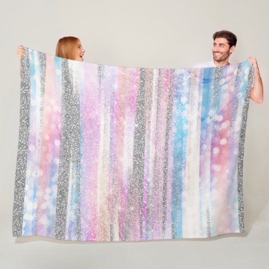 虹色モダンとシルバーのグリッターストロークストライプ フリースブランケット (インサイチュ)