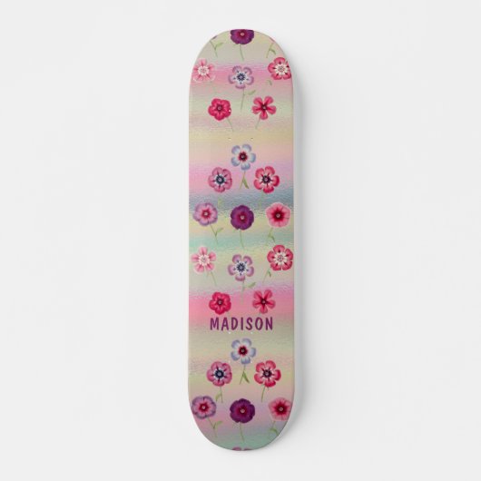 虹色モダンガーリーピンク紫色の花名 スケートボード (正面)