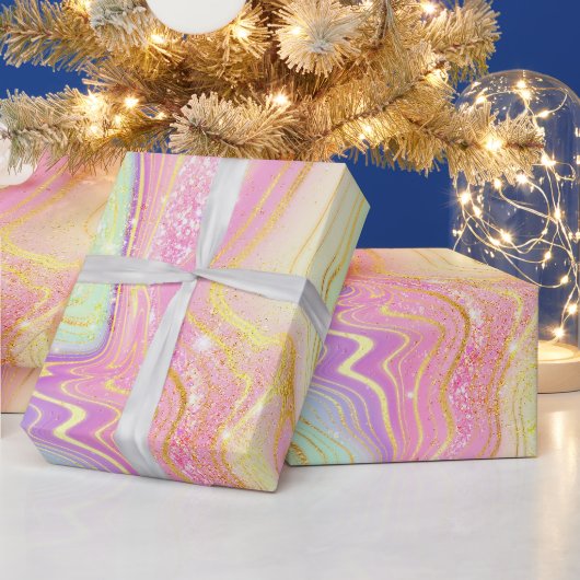 虹色レインボーグラディエントおよび金箔層 ラッピングペーパー (クリスマス)