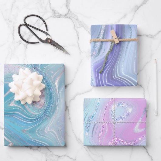 虹色レインボーグラディエントおよび銀箔の地層 ラッピングペーパーシート (正面)