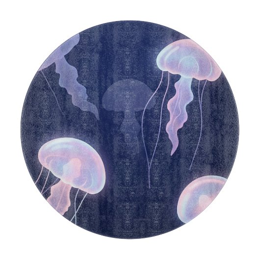 虹色光るクラゲ ディープブルー ピンク カッティングボード (正面)