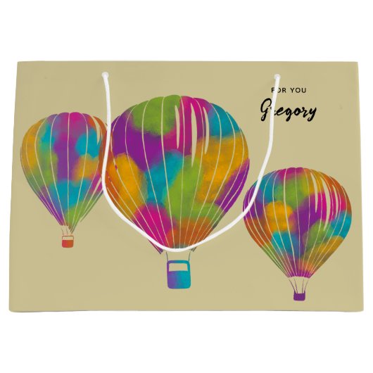 虹色彩の鮮やか気球パーソナライズされた ラージペーパーバッグ (正面)