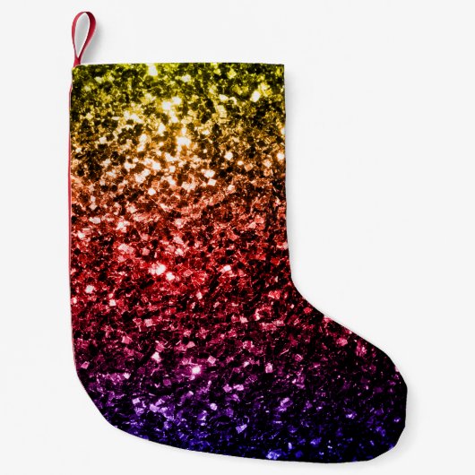 虹色 黄色 赤 紫 偽物の輝き スパークル スモールクリスマスストッキング (正面)