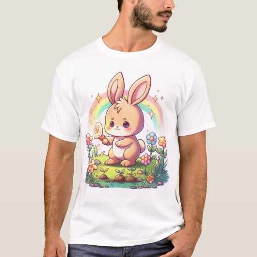虹色Tシャツを着たかわいいウサギ Tシャツ (正面)