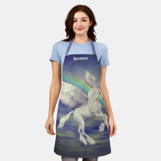 虹飛んでいるの上のユニコーンパーソナライズされた馬 エプロン (着用した状態)