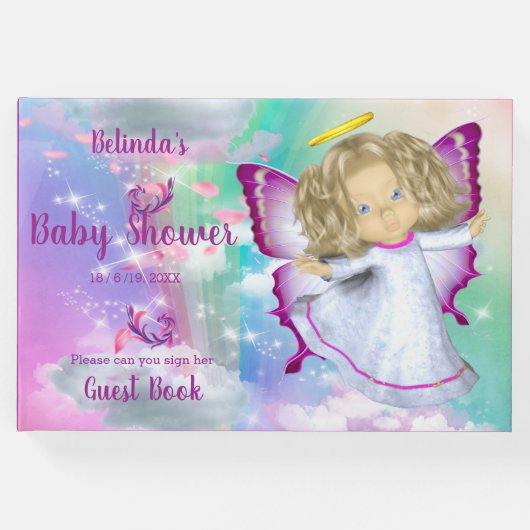 虹、ふわふわの雲と蝶のベビーガール ゲストブック (正面)