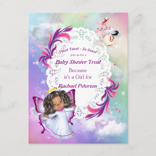 虹、ふわふわの雲と蝶の赤ちゃんシャワー ポストカード (正面)