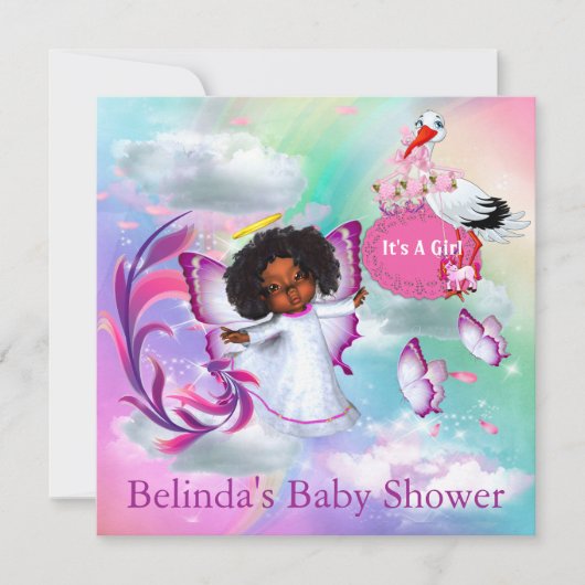 虹、ふわふわの雲&ベビー蝶招待状 ノートカード (正面)