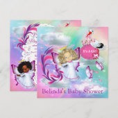 虹、ふわふわの雲&ベビー蝶招待状 ノートカード (正面/裏面)