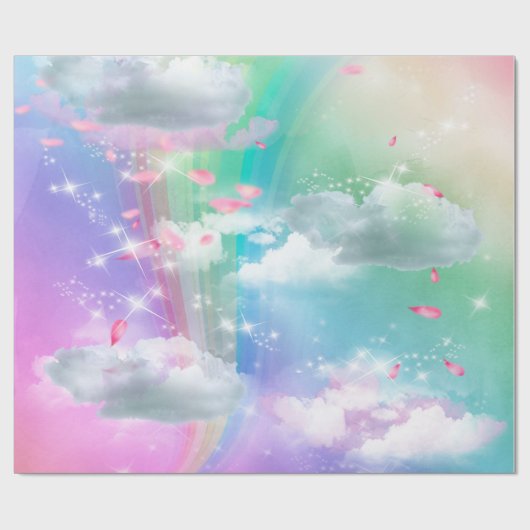 虹、ふわふわの雲、星の赤ちゃんシャワー ラッピングペーパー (フラット)