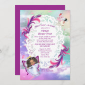 虹、ふわふわの雲、蝶の赤ちゃんシャワー サンキューカード (正面/裏面)