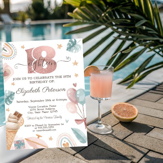 虹, アイスクリーム, 風船 夏の18歳の誕生日 招待状