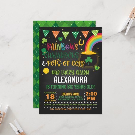 虹、シャムロックと金ゴールドのポット(B)誕生日 招待状 (正面/裏面インサイチュ)