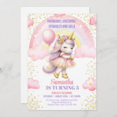 虹、ユニコーン、キラキラと金ゴールド誕生日 招待状 (正面/裏面)