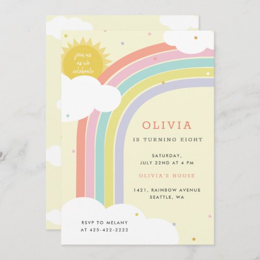 虹、太陽と雲キッドの誕生日イエロー 招待状 (正面/裏面)
