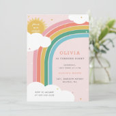 虹、太陽と雲キッドの誕生日ブライトピンク 招待状 (スタンド正面)