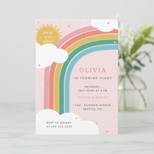 虹、太陽と雲キッドの誕生日ブライトピンク 招待状 (スタンド正面)