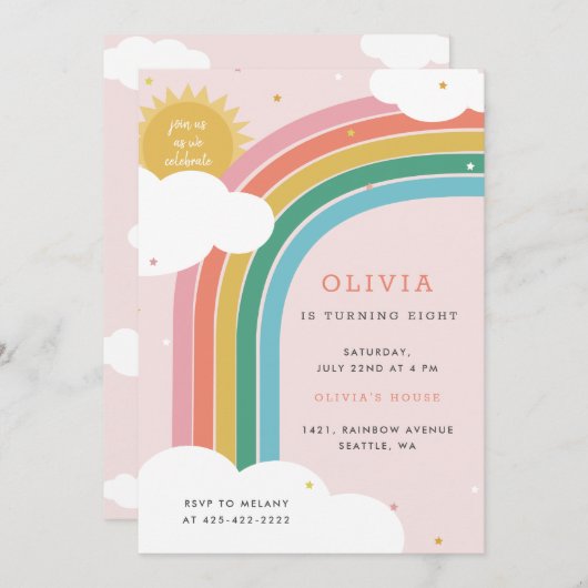 虹、太陽と雲キッドの誕生日ブライトピンク 招待状 (正面/裏面)
