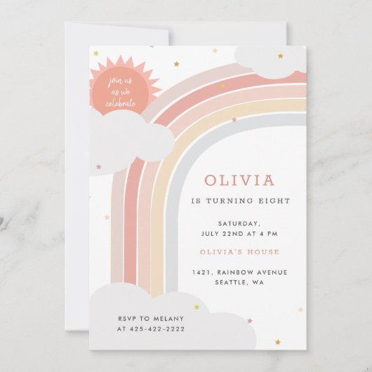 虹、太陽、雲キッドの誕生日ピンクミュート 招待状 (正面)