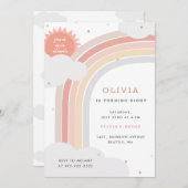 虹、太陽、雲キッドの誕生日ピンクミュート 招待状 (正面/裏面)