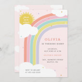 虹、太陽、雲キッドの誕生日ピンク1 招待状 (正面/裏面)