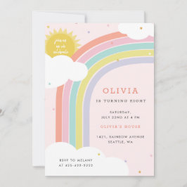虹、太陽、雲キッドの誕生日ピンク1 招待状
