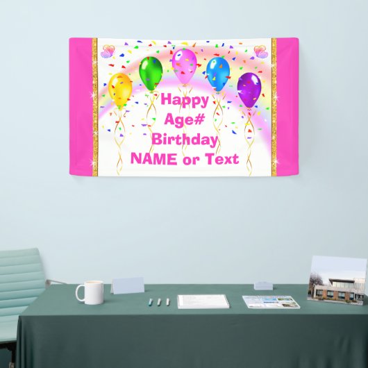 虹、蝶、風船、ピンク誕生日 横断幕 (トレードショー)
