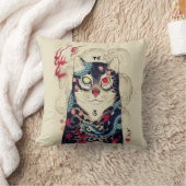 蛇の入れ墨を使ったサムライ猫ポートレート クッション (ブランケット)