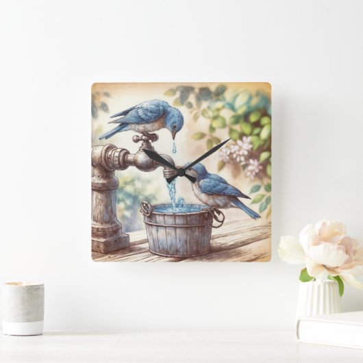 蛇口と古いバケツを持つ2つのブルーバード スクエア壁時計 (ホーム)
