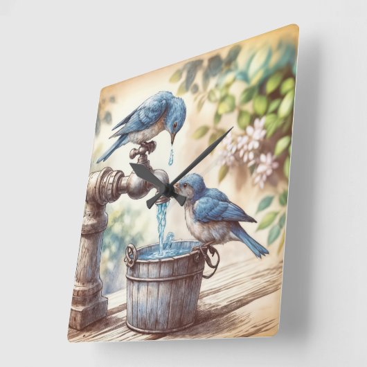 蛇口と古いバケツを持つ2つのブルーバード スクエア壁時計 (傾斜)