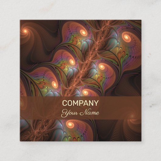 蛍光カラフル抽象芸術ブラウンフラクタル スクエア名刺 (正面)