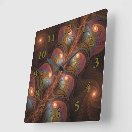 蛍光カラフル抽象芸術茶トリップ(幻覚体験)のようなフラクタル スクエア壁時計 (傾斜)