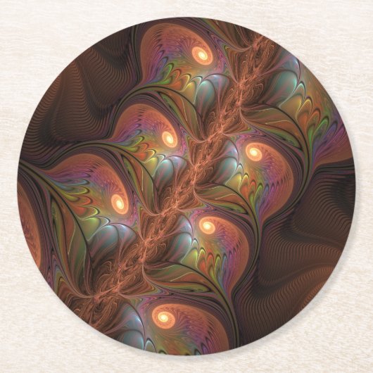 蛍光カラフル抽象芸術茶トリップ（幻覚体験）のようなフラクタル ラウンドペーパーコースター (正面)