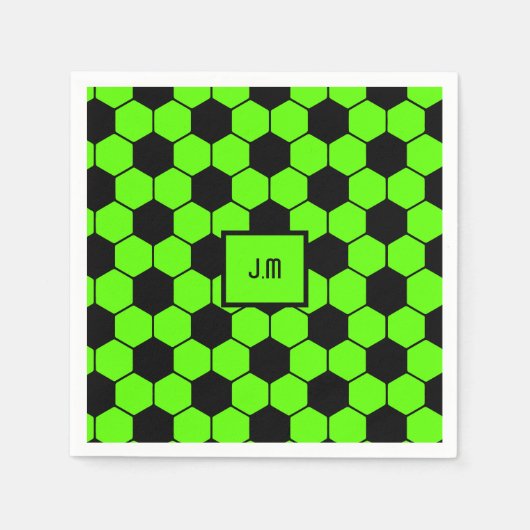 蛍光ネオングリーンサッカーファンプレイヤーイニシャル スタンダードカクテルナプキン (正面)
